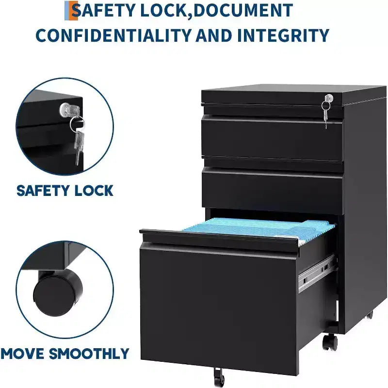 3-Drawer Mobile File Cabinet with Lock, Adjustable Shelf & Wheels for Legal/Letter/A4 Documents, Metal Under-Desk Organizer Storage Box