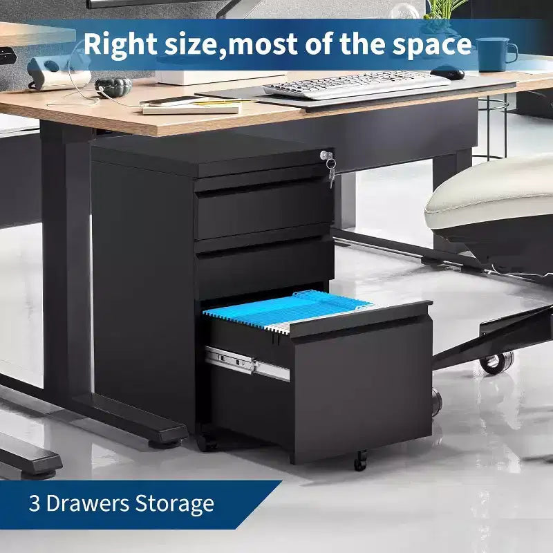 3-Drawer Mobile File Cabinet with Lock, Adjustable Shelf & Wheels for Legal/Letter/A4 Documents, Metal Under-Desk Organizer Storage Box