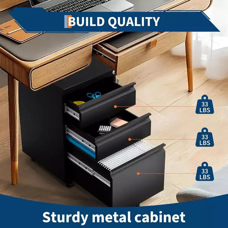 3-Drawer Mobile File Cabinet with Lock, Adjustable Shelf & Wheels for Legal/Letter/A4 Documents, Metal Under-Desk Organizer Storage Box