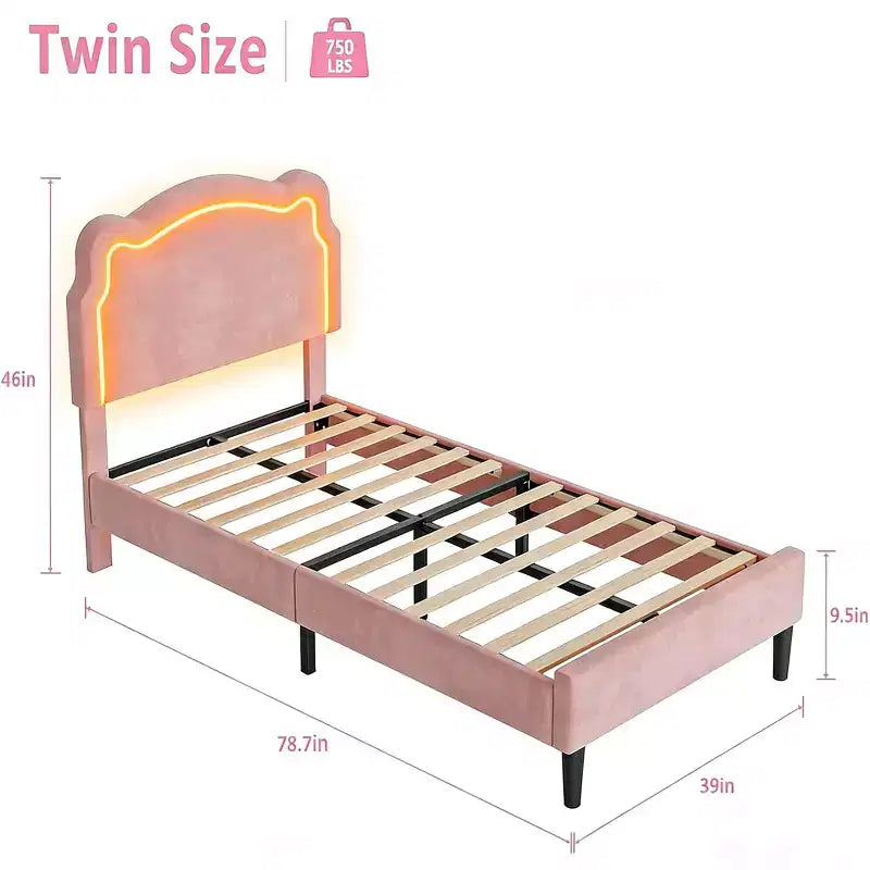 Twin Upholstered Smart LED Bed Frame with Headboard and LED, Velvet Princess Platform Bed Frame, Wooden Slats Support, No Box Spring Needed (Twin)