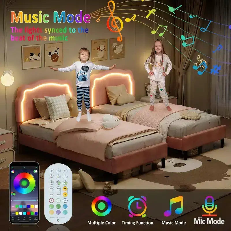 Twin Upholstered Smart LED Bed Frame with Headboard and LED, Velvet Princess Platform Bed Frame, Wooden Slats Support, No Box Spring Needed (Twin)