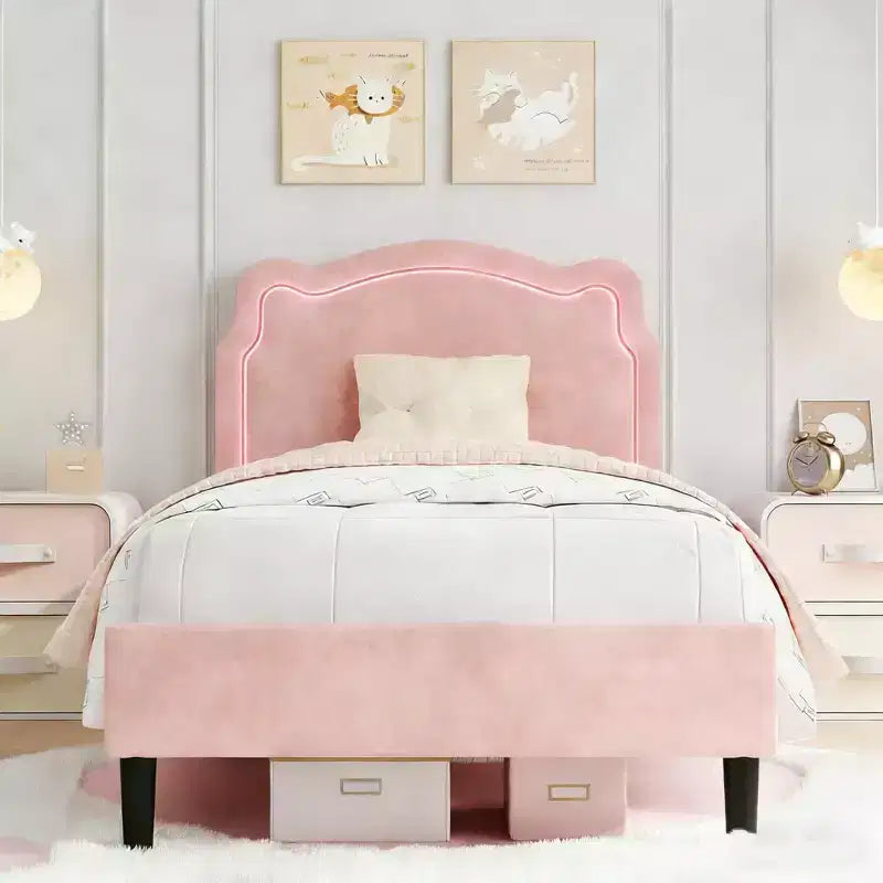 Twin Upholstered Smart LED Bed Frame with Headboard and LED, Velvet Princess Platform Bed Frame, Wooden Slats Support, No Box Spring Needed (Twin)