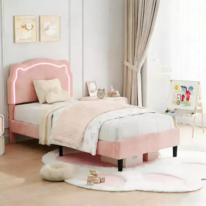 Twin Upholstered Smart LED Bed Frame with Headboard and LED, Velvet Princess Platform Bed Frame, Wooden Slats Support, No Box Spring Needed (Twin)