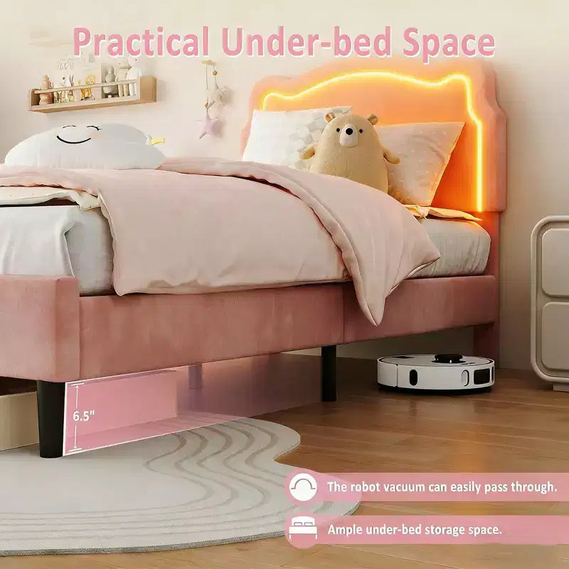 Twin Upholstered Smart LED Bed Frame with Headboard and LED, Velvet Princess Platform Bed Frame, Wooden Slats Support, No Box Spring Needed (Twin)