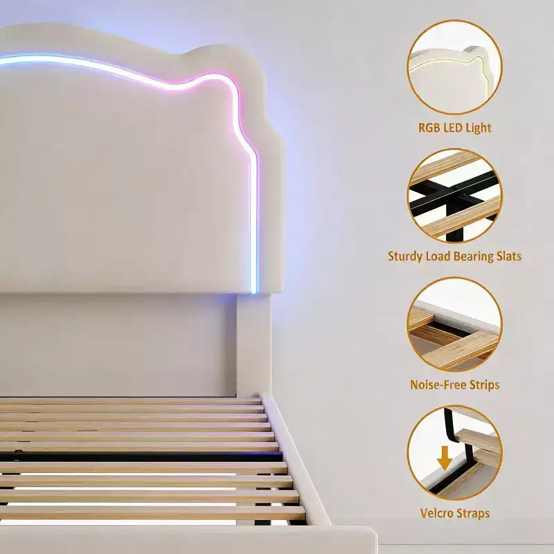 Twin Upholstered Smart LED Bed Frame with Headboard and LED, Velvet Princess Platform Bed Frame, Wooden Slats Support, No Box Spring Needed (Twin)