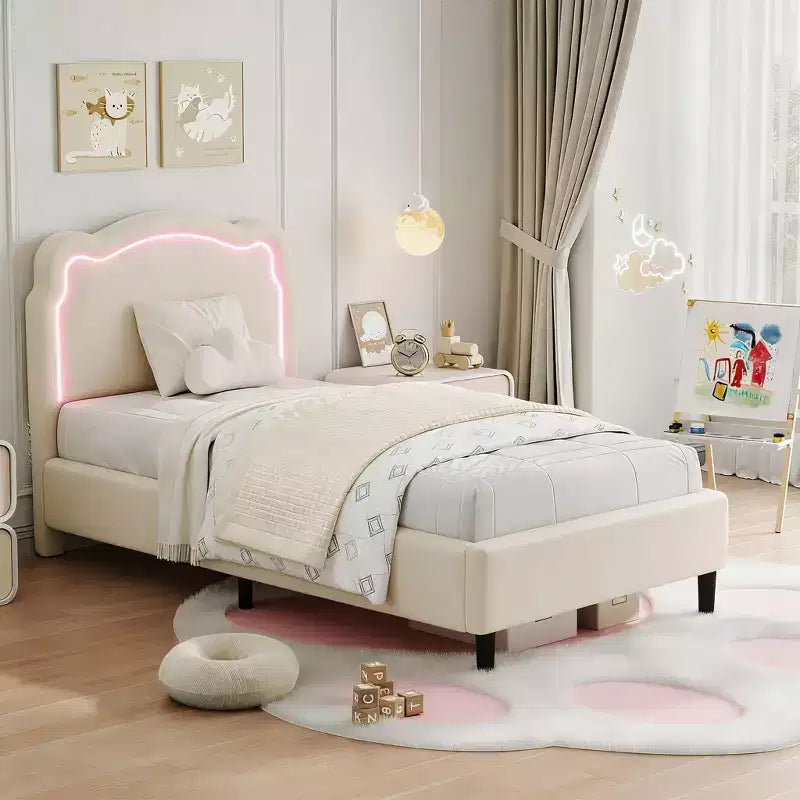 Twin Upholstered Smart LED Bed Frame with Headboard and LED, Velvet Princess Platform Bed Frame, Wooden Slats Support, No Box Spring Needed (Twin)