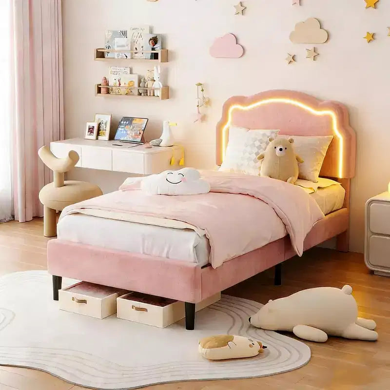 Twin Upholstered Smart LED Bed Frame with Headboard and LED, Velvet Princess Platform Bed Frame, Wooden Slats Support, No Box Spring Needed (Twin)
