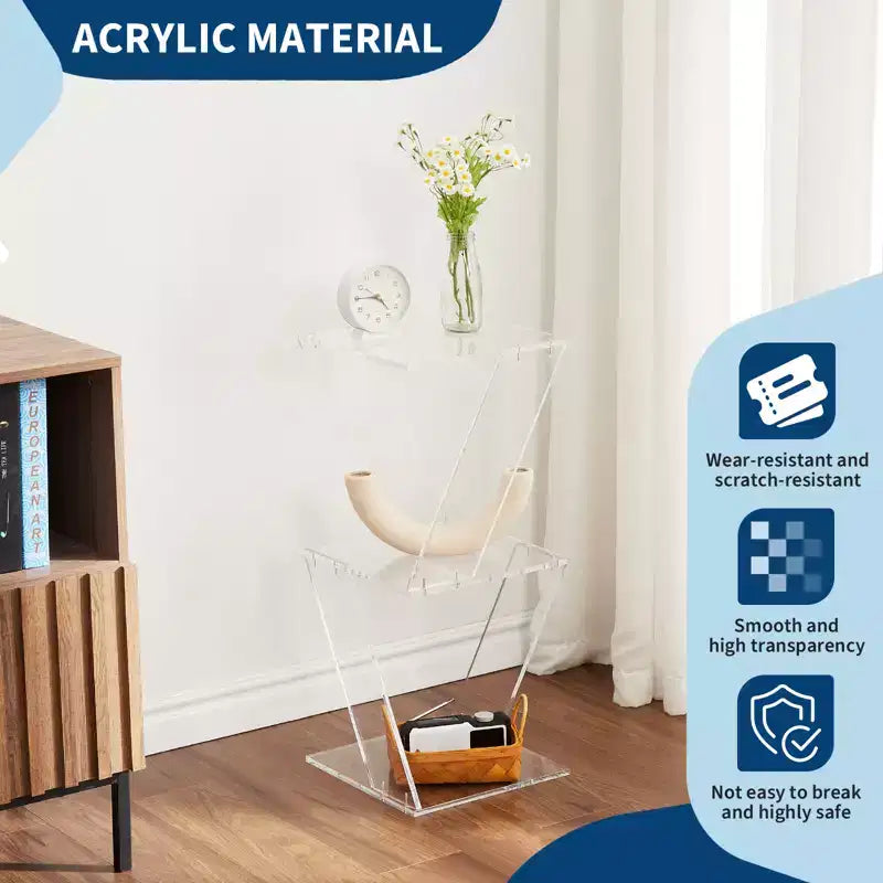 3-Tier Clear Acrylic Ladder Bookshelf - Wall-Mounted Space-Saving Display Shelf (FM106 Three-Layer Tree) for Living Room/Bathroom,11.8x11.8x27.4