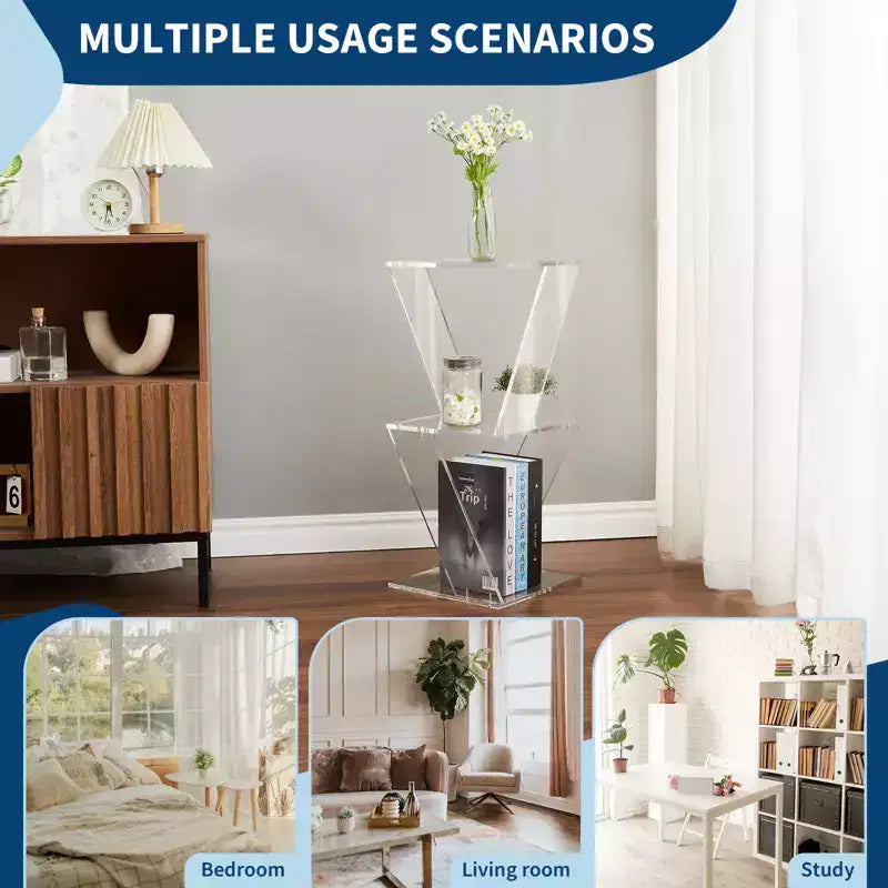 3-Tier Clear Acrylic Ladder Bookshelf - Wall-Mounted Space-Saving Display Shelf (FM106 Three-Layer Tree) for Living Room/Bathroom,11.8x11.8x27.4