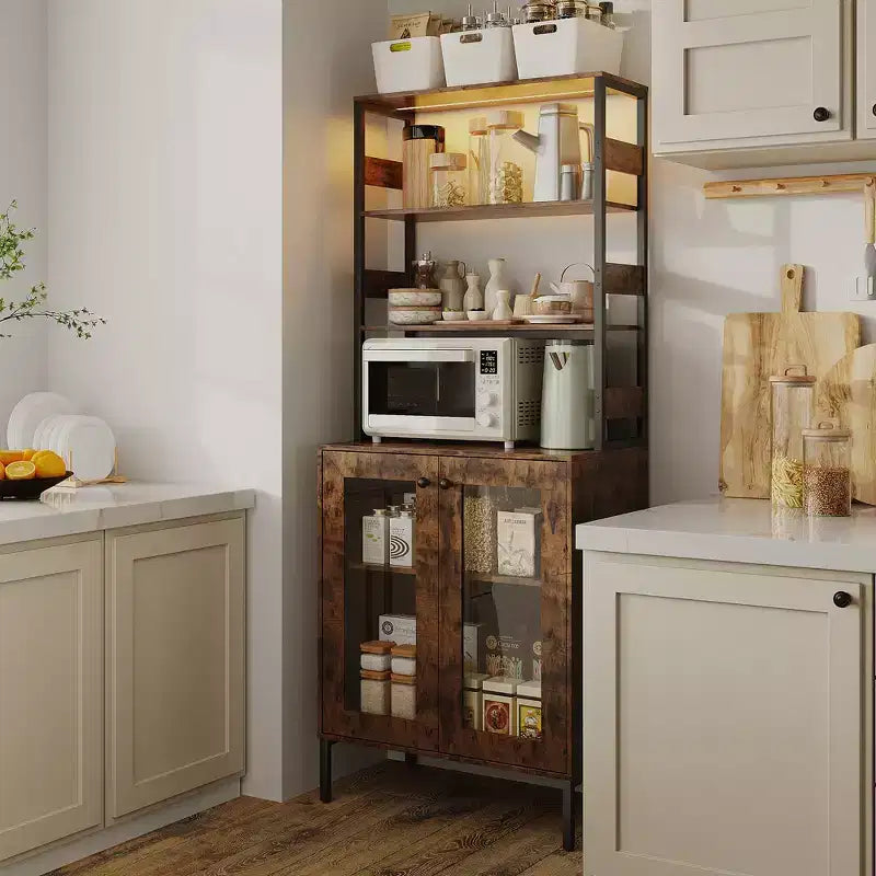 Pantry Cabinet with Storage Shelves & Glass Doors, Bakers Rack with Countertop, Coffee Bar Hutch, Microwave Stand for Dining Room or Hallway