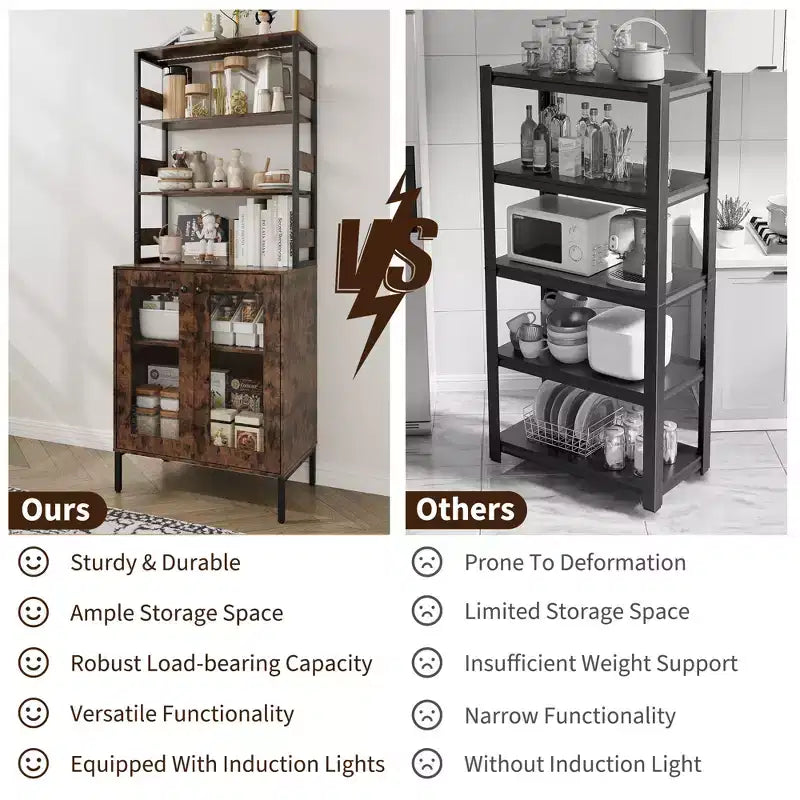 Pantry Cabinet with Storage Shelves & Glass Doors, Bakers Rack with Countertop, Coffee Bar Hutch, Microwave Stand for Dining Room or Hallway