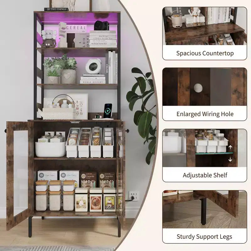 Pantry Cabinet with Storage Shelves & Glass Doors, Bakers Rack with Countertop, Coffee Bar Hutch, Microwave Stand for Dining Room or Hallway
