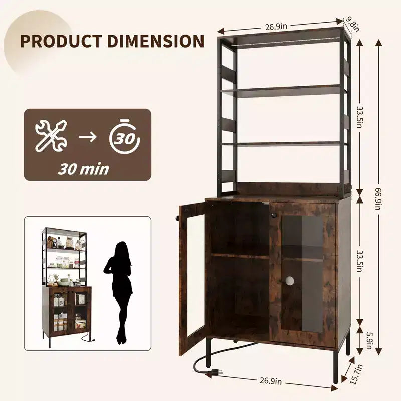 Pantry Cabinet with Storage Shelves & Glass Doors, Bakers Rack with Countertop, Coffee Bar Hutch, Microwave Stand for Dining Room or Hallway