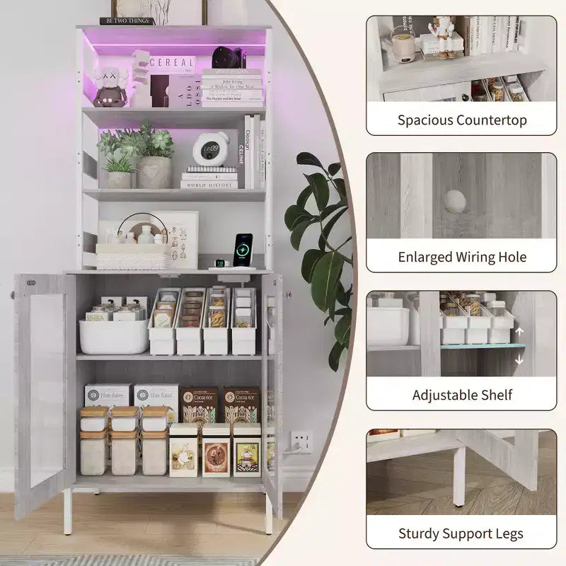 Pantry Cabinet with Storage Shelves & Glass Doors, Bakers Rack with Countertop, Coffee Bar Hutch, Microwave Stand for Dining Room or Hallway