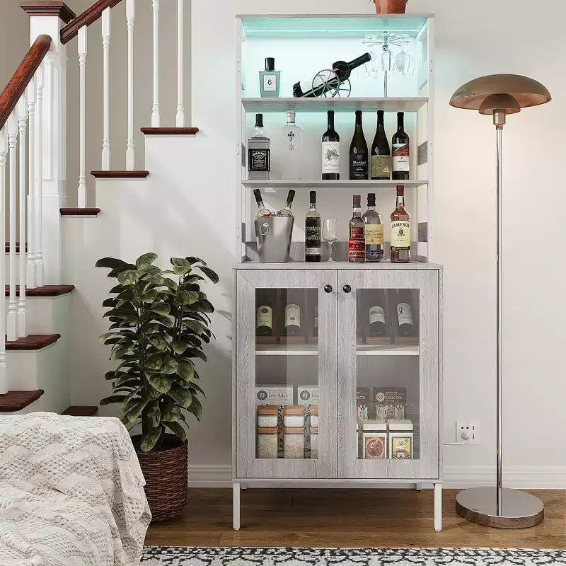 Pantry Cabinet with Storage Shelves & Glass Doors, Bakers Rack with Countertop, Coffee Bar Hutch, Microwave Stand for Dining Room or Hallway