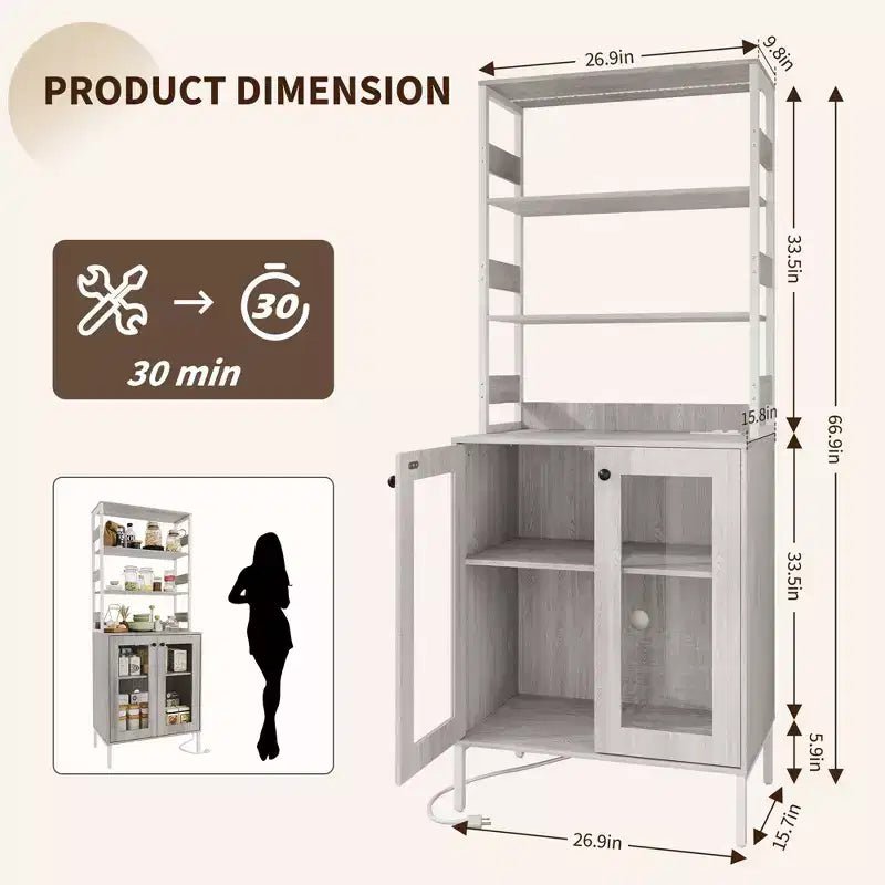Pantry Cabinet with Storage Shelves & Glass Doors, Bakers Rack with Countertop, Coffee Bar Hutch, Microwave Stand for Dining Room or Hallway