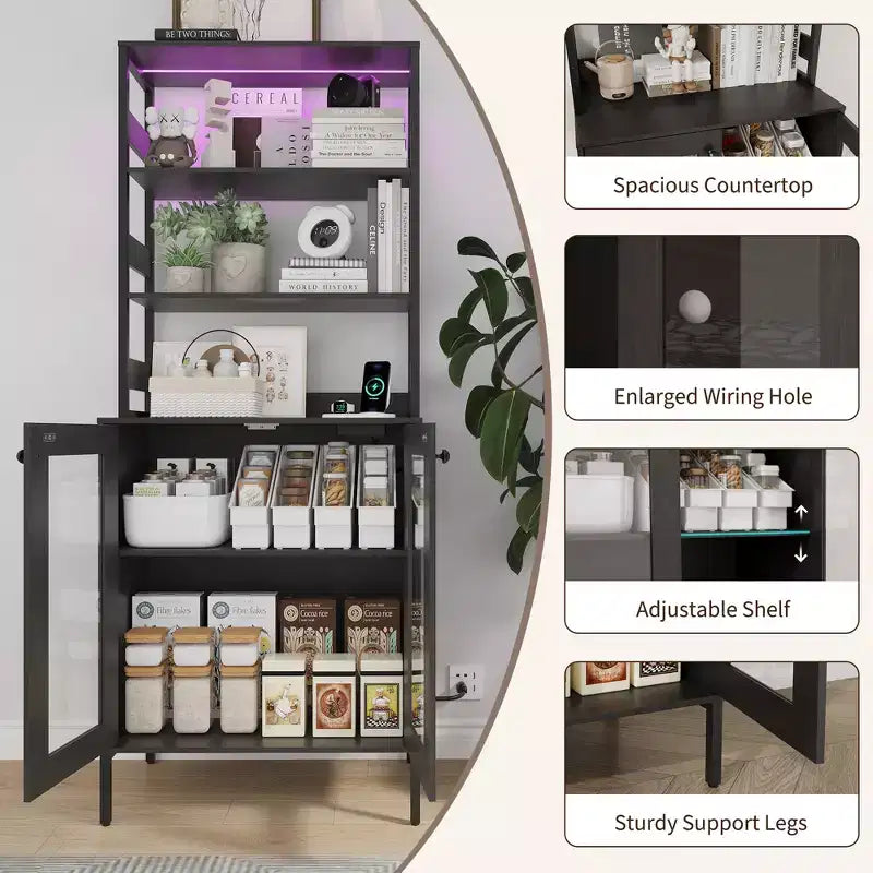 Pantry Cabinet with Storage Shelves & Glass Doors, Bakers Rack with Countertop, Coffee Bar Hutch, Microwave Stand for Dining Room or Hallway