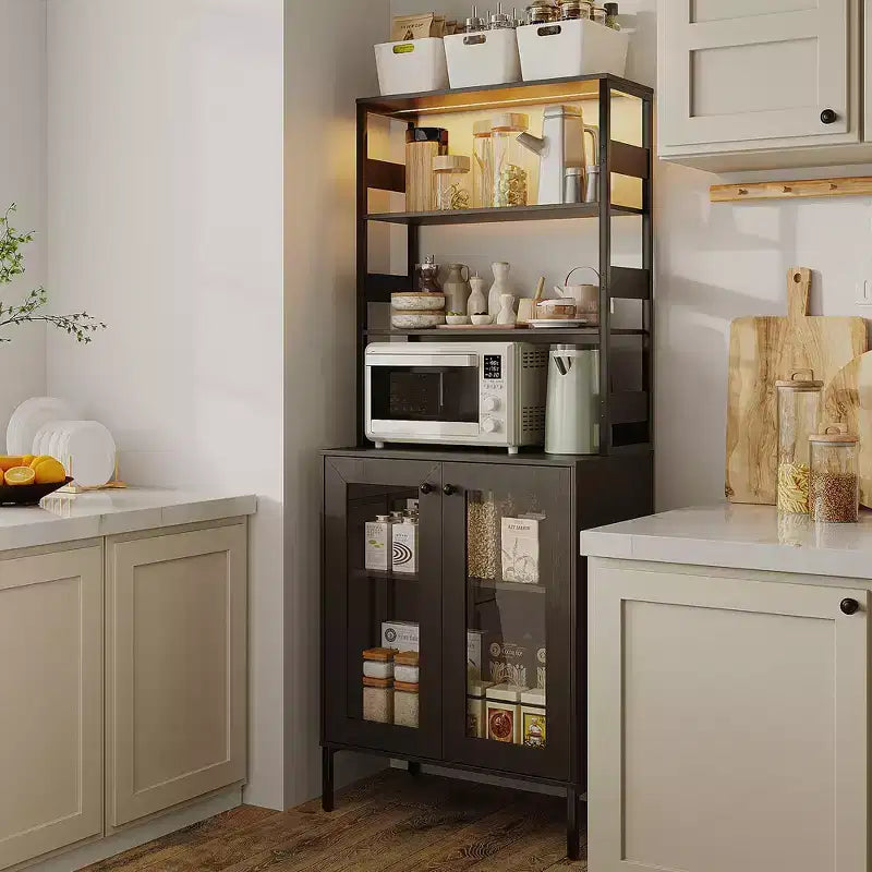 Pantry Cabinet with Storage Shelves & Glass Doors, Bakers Rack with Countertop, Coffee Bar Hutch, Microwave Stand for Dining Room or Hallway
