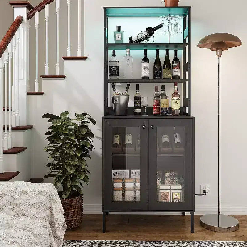 Pantry Cabinet with Storage Shelves & Glass Doors, Bakers Rack with Countertop, Coffee Bar Hutch, Microwave Stand for Dining Room or Hallway