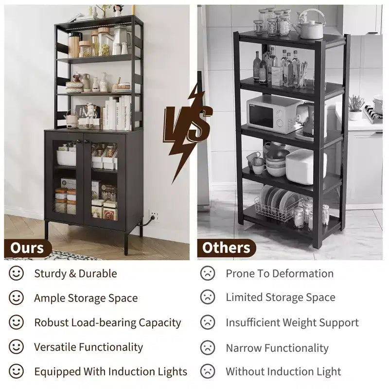 Pantry Cabinet with Storage Shelves & Glass Doors, Bakers Rack with Countertop, Coffee Bar Hutch, Microwave Stand for Dining Room or Hallway