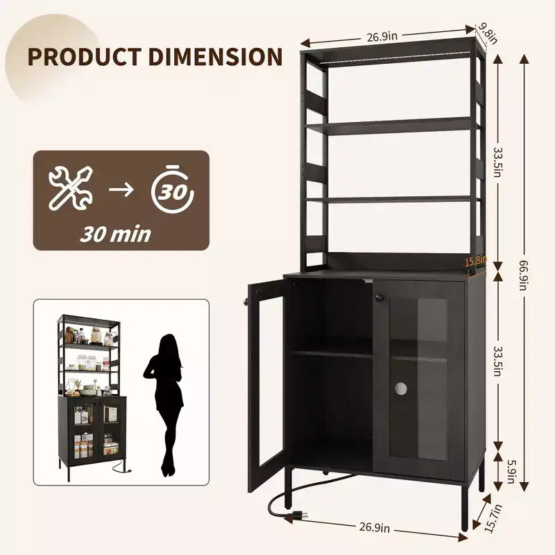 Pantry Cabinet with Storage Shelves & Glass Doors, Bakers Rack with Countertop, Coffee Bar Hutch, Microwave Stand for Dining Room or Hallway