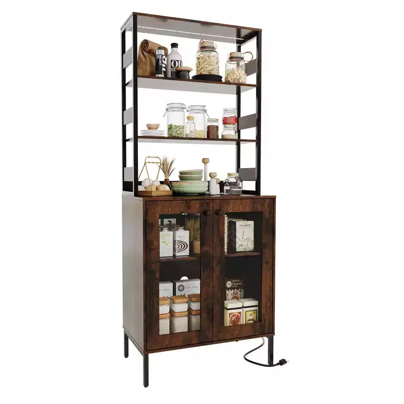 Pantry Cabinet with Storage Shelves & Glass Doors, Bakers Rack with Countertop, Coffee Bar Hutch, Microwave Stand for Dining Room or Hallway