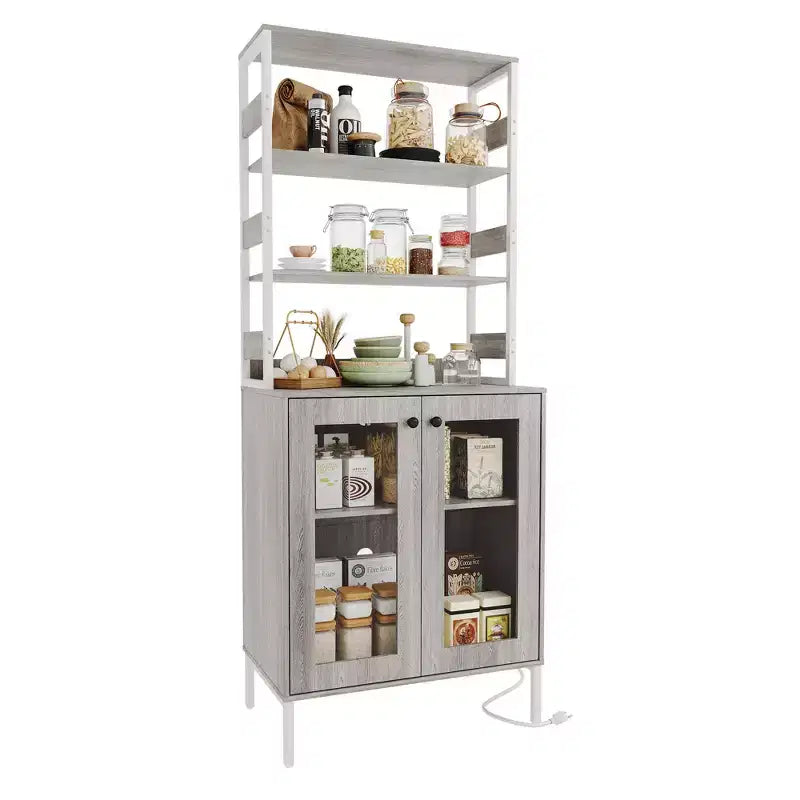 Pantry Cabinet with Storage Shelves & Glass Doors, Bakers Rack with Countertop, Coffee Bar Hutch, Microwave Stand for Dining Room or Hallway