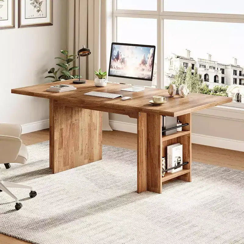 Lantine Easylife 62.99-Inch Dining Table for 4-6, Farmhouse Kitchen Table with Dual Storage Rack for Dining Room, Living Room