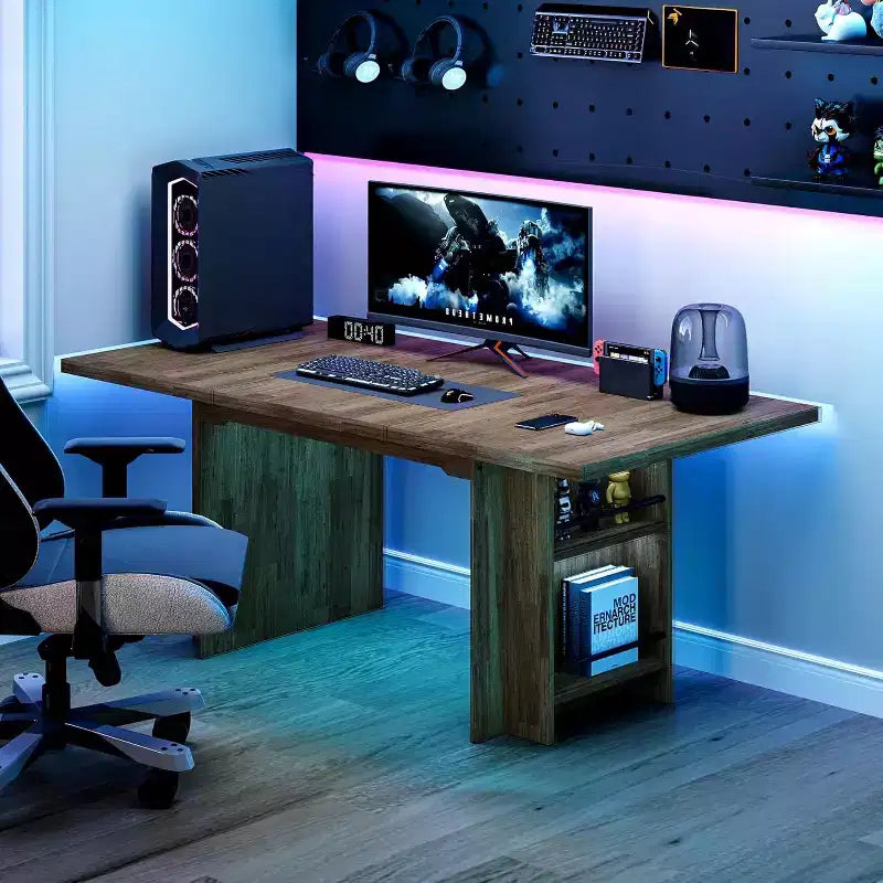 Lantine Easylife 62.99-Inch Dining Table for 4-6, Farmhouse Kitchen Table with Dual Storage Rack for Dining Room, Living Room