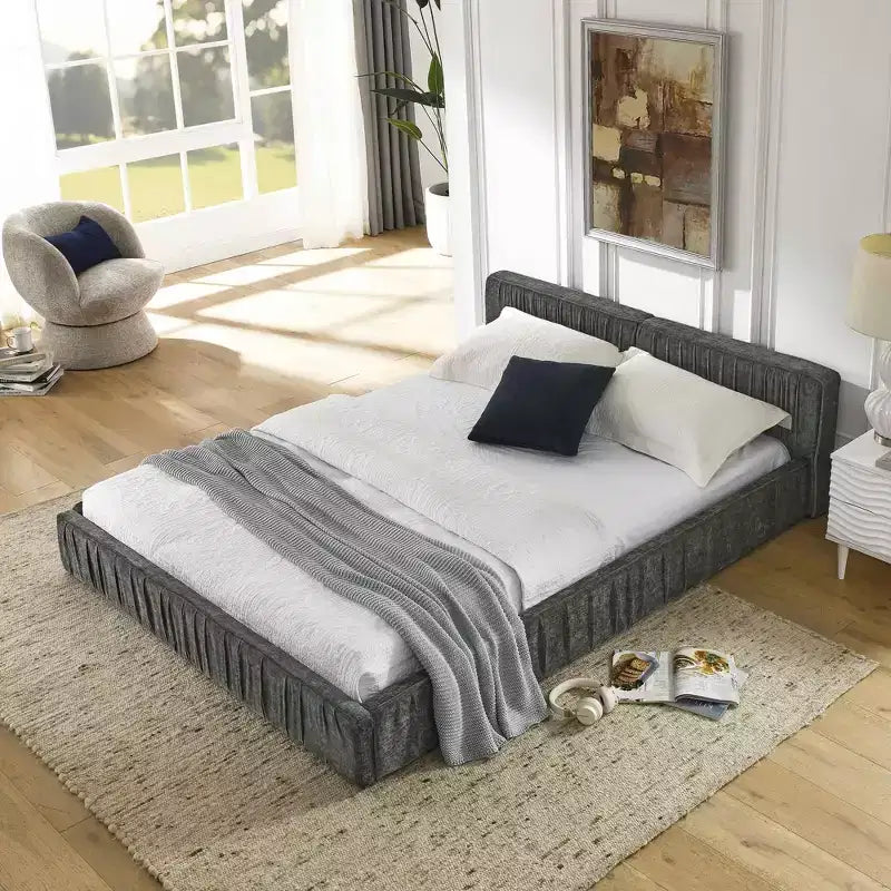 MAYEERTY Queen Size Upholstered Bed Frame with Chenille Fabric with Pleated Headboard Solid Frame for Bedroom Gray