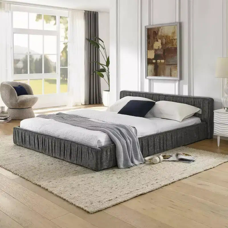 MAYEERTY Queen Size Upholstered Bed Frame with Chenille Fabric with Pleated Headboard Solid Frame for Bedroom Gray