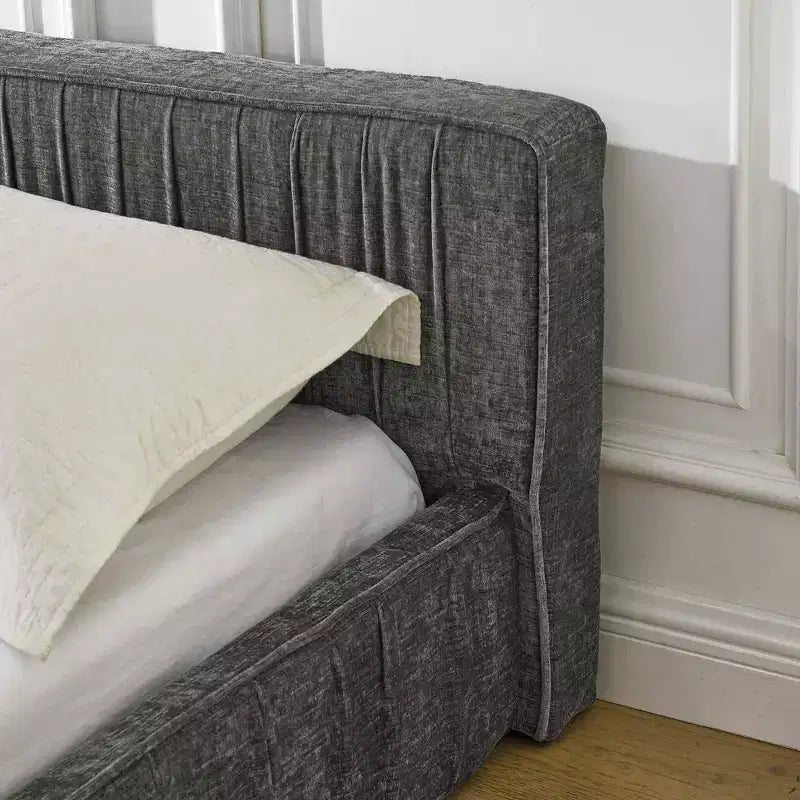 MAYEERTY Queen Size Upholstered Bed Frame with Chenille Fabric with Pleated Headboard Solid Frame for Bedroom Gray