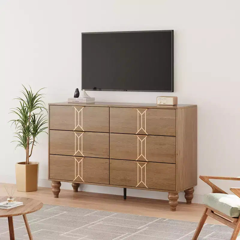 Modern 6-Drawer Chest with Vintage Diamond Design, Black & White Dresser, Deep Storage with Waterproof Finish, Metal Handles for Living Room
