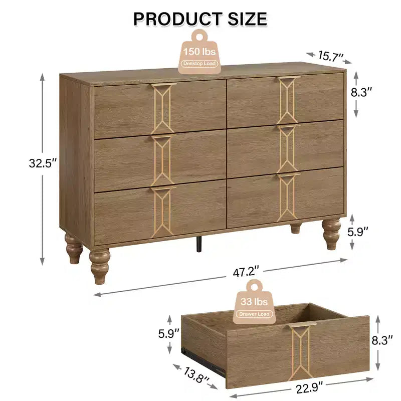 Modern 6-Drawer Chest with Vintage Diamond Design, Black & White Dresser, Deep Storage with Waterproof Finish, Metal Handles for Living Room