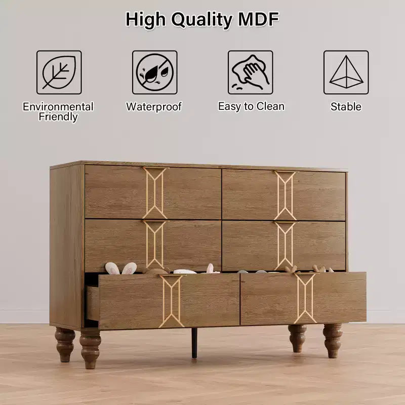 Modern 6-Drawer Chest with Vintage Diamond Design, Black & White Dresser, Deep Storage with Waterproof Finish, Metal Handles for Living Room