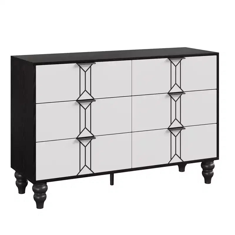 Modern 6-Drawer Chest with Vintage Diamond Design, Black & White Dresser, Deep Storage with Waterproof Finish, Metal Handles for Living Room