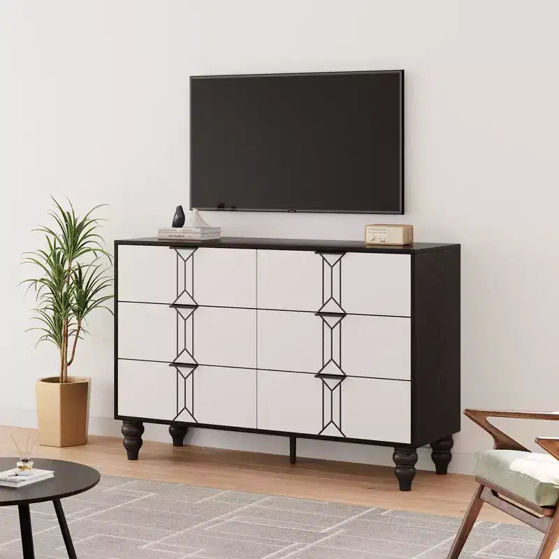 Modern 6-Drawer Chest with Vintage Diamond Design, Black & White Dresser, Deep Storage with Waterproof Finish, Metal Handles for Living Room