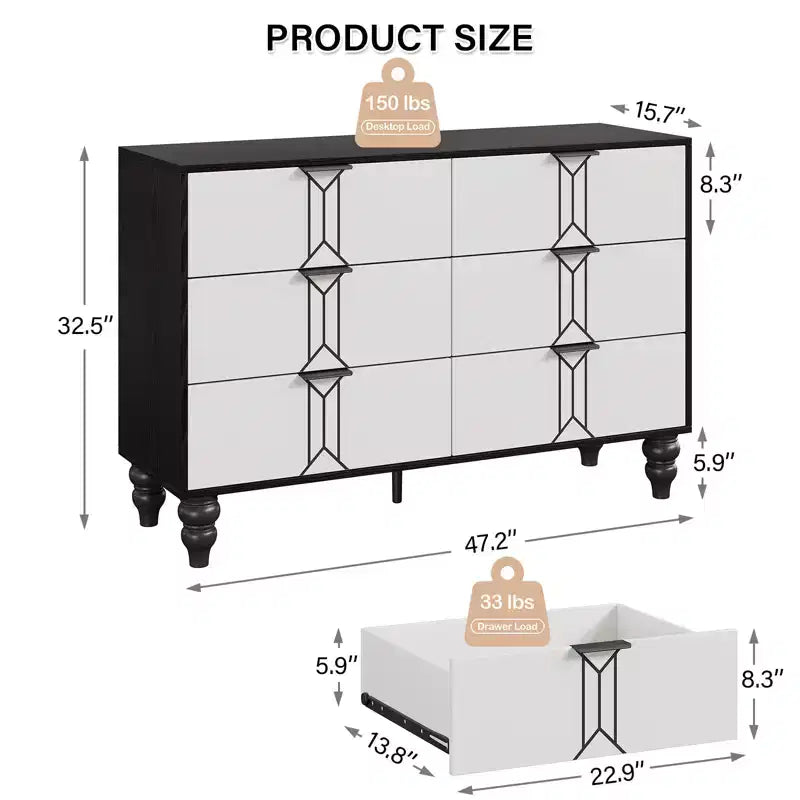 Modern 6-Drawer Chest with Vintage Diamond Design, Black & White Dresser, Deep Storage with Waterproof Finish, Metal Handles for Living Room