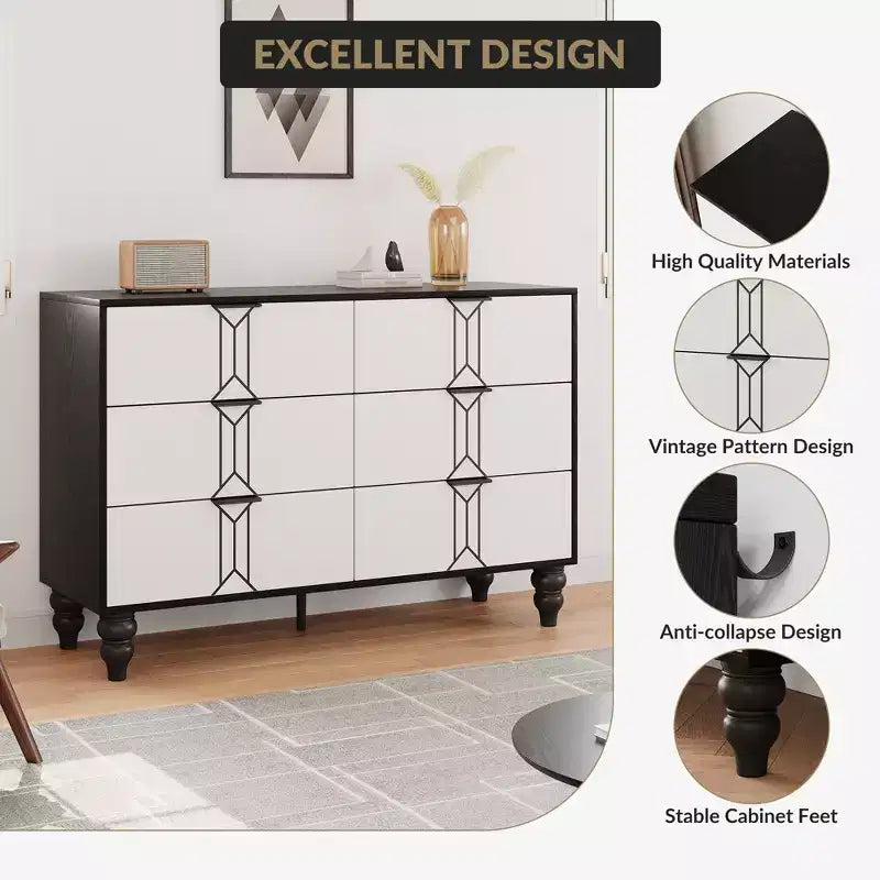 Modern 6-Drawer Chest with Vintage Diamond Design, Black & White Dresser, Deep Storage with Waterproof Finish, Metal Handles for Living Room
