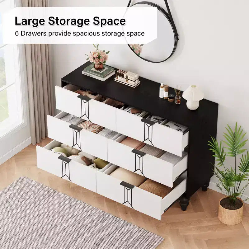 Modern 6-Drawer Chest with Vintage Diamond Design, Black & White Dresser, Deep Storage with Waterproof Finish, Metal Handles for Living Room