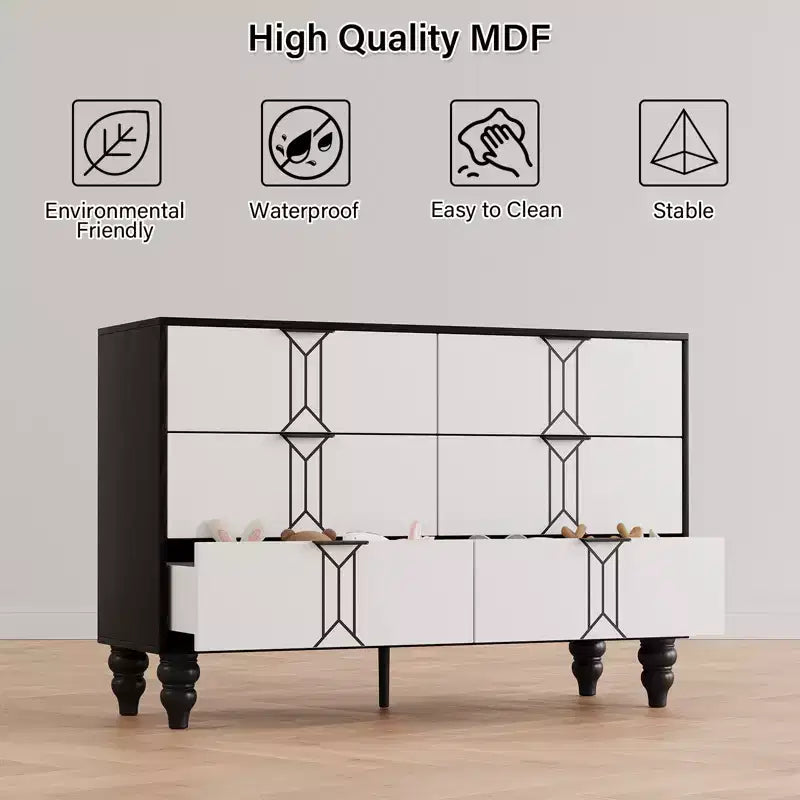 Modern 6-Drawer Chest with Vintage Diamond Design, Black & White Dresser, Deep Storage with Waterproof Finish, Metal Handles for Living Room