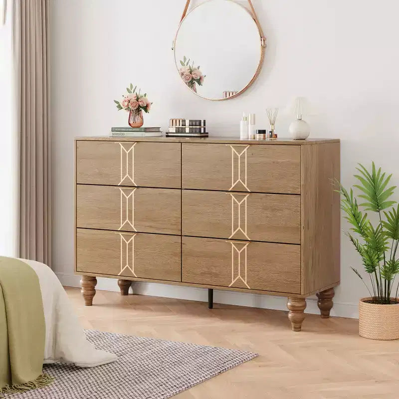 Modern 6-Drawer Chest with Vintage Diamond Design, Black & White Dresser, Deep Storage with Waterproof Finish, Metal Handles for Living Room