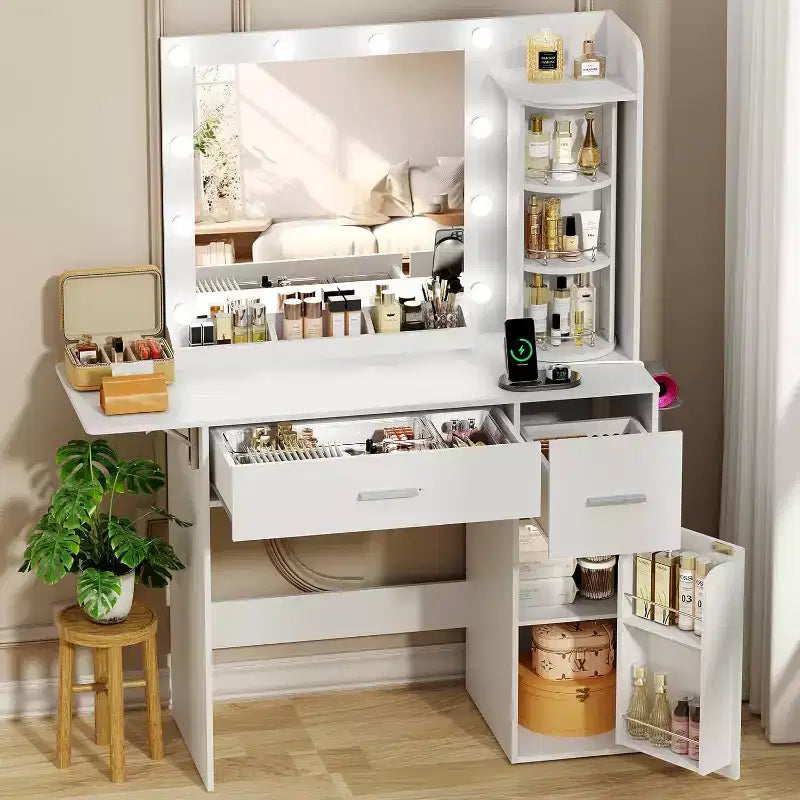BALHAM TRADE-Makeup Vanity Desk with Rotating Jewelry Organizers and LED Lights Dressing Table