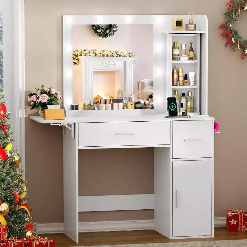 BALHAM TRADE-Makeup Vanity Desk with Rotating Jewelry Organizers and LED Lights Dressing Table