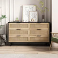 JVNOXK 51.18-inch 6-Drawer Modern Natural Rattan Storage Cabinet with Smooth-Gliding Rails, Suitable for Bedrooms and Living Rooms, Black