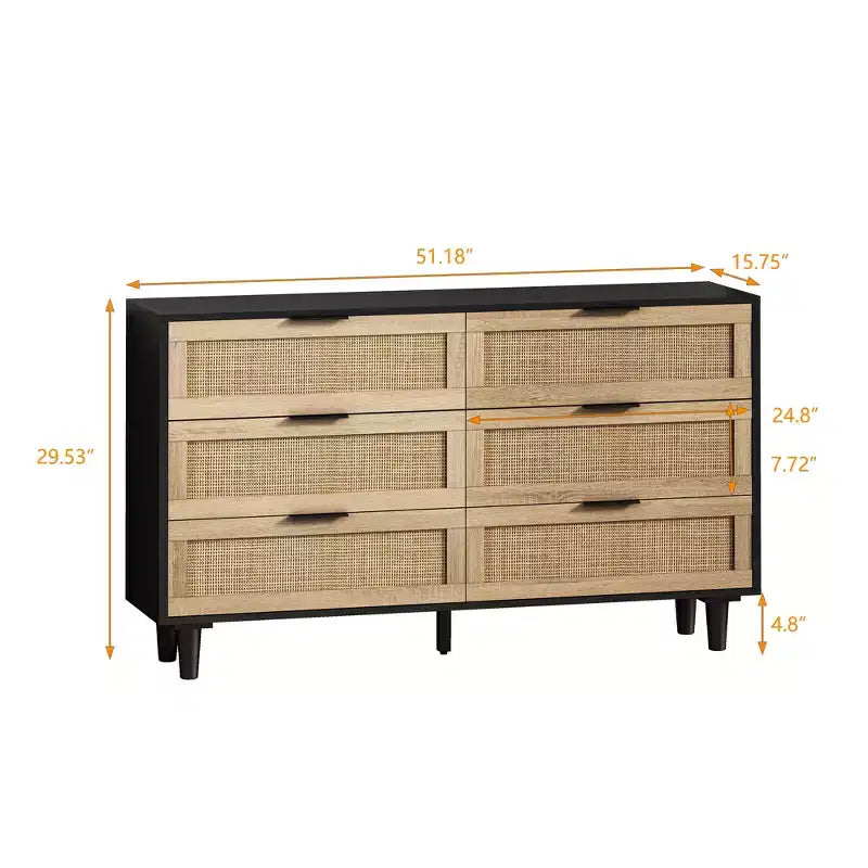 JVNOXK 51.18-inch 6-Drawer Modern Natural Rattan Storage Cabinet with Smooth-Gliding Rails, Suitable for Bedrooms and Living Rooms, Black