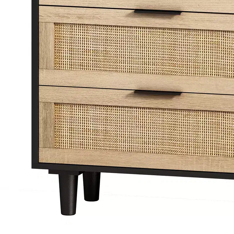 JVNOXK 51.18-inch 6-Drawer Modern Natural Rattan Storage Cabinet with Smooth-Gliding Rails, Suitable for Bedrooms and Living Rooms, Black