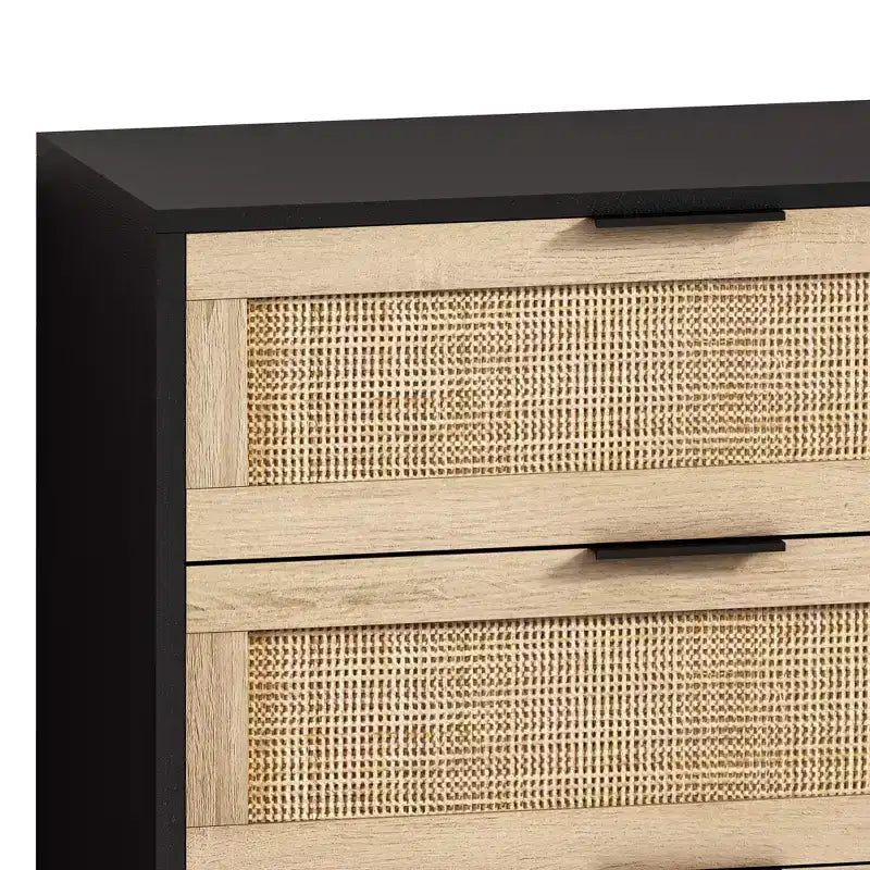 JVNOXK 51.18-inch 6-Drawer Modern Natural Rattan Storage Cabinet with Smooth-Gliding Rails, Suitable for Bedrooms and Living Rooms, Black