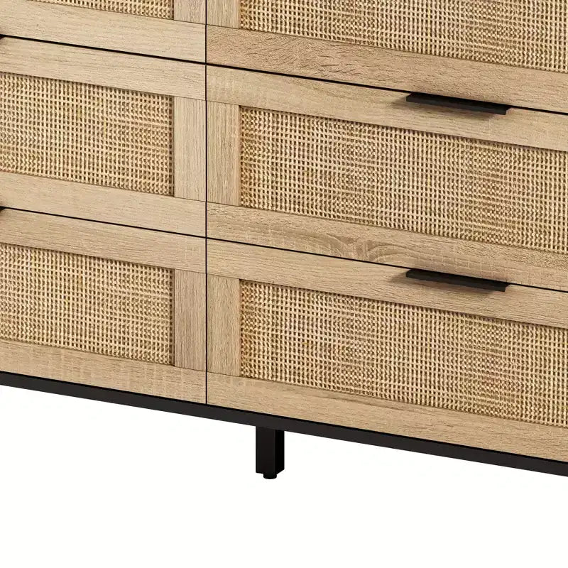 JVNOXK 51.18-inch 6-Drawer Modern Natural Rattan Storage Cabinet with Smooth-Gliding Rails, Suitable for Bedrooms and Living Rooms, Black