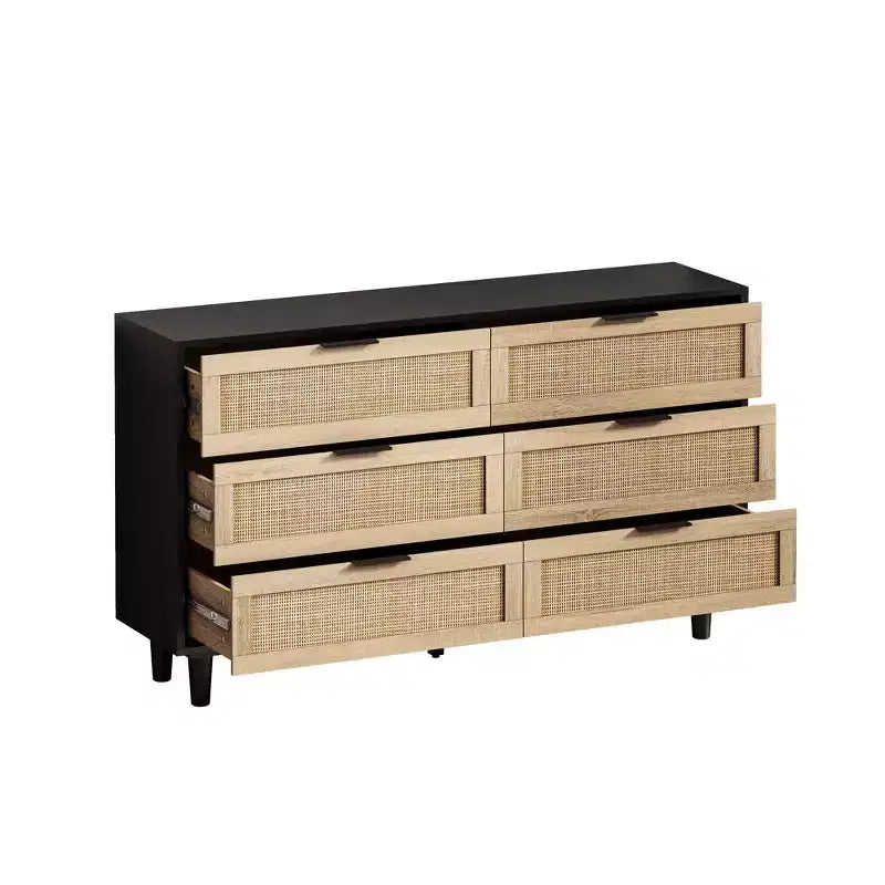 JVNOXK 51.18-inch 6-Drawer Modern Natural Rattan Storage Cabinet with Smooth-Gliding Rails, Suitable for Bedrooms and Living Rooms, Black